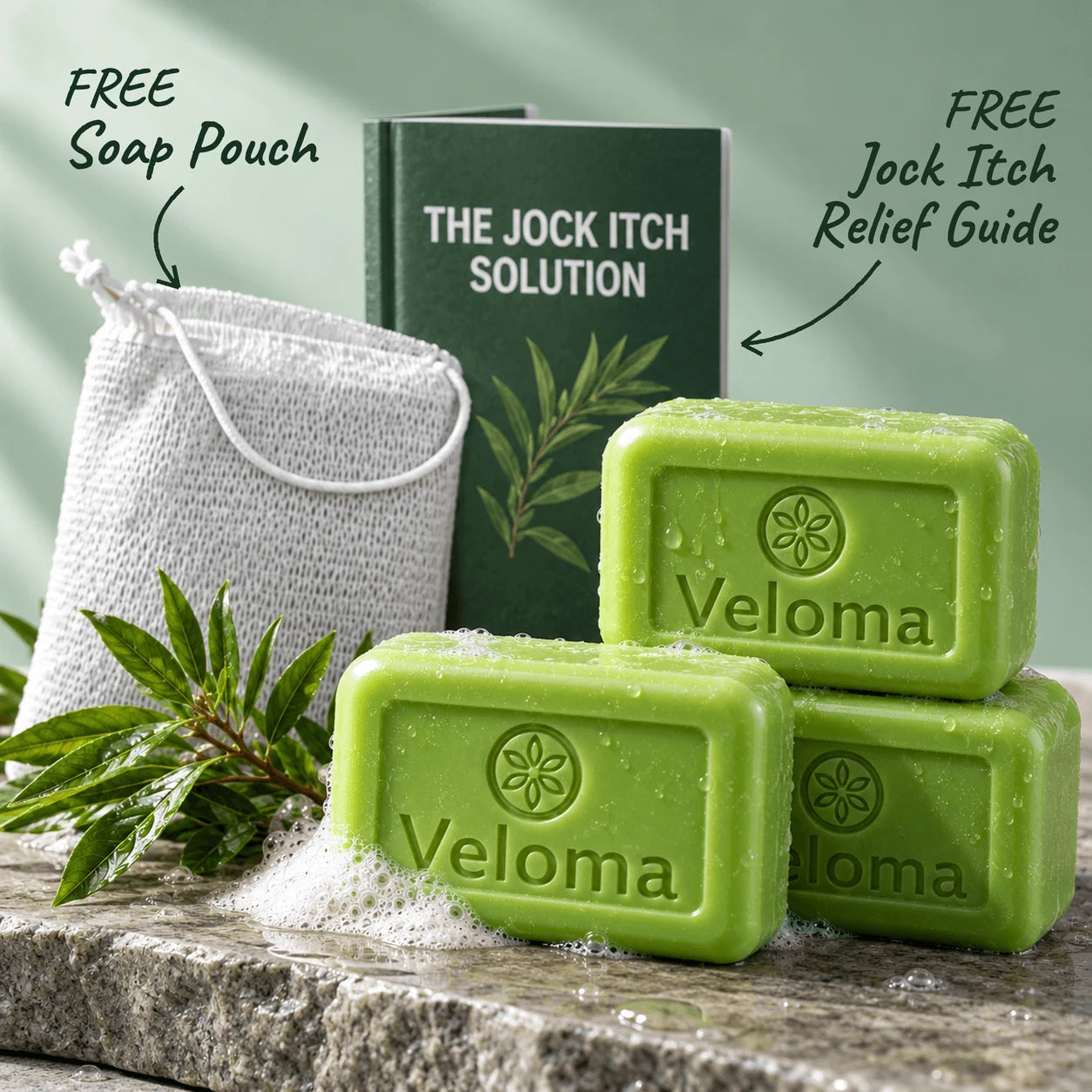 Three Veloma soap bars with a free soap pouch and a free Jock Itch Relief Guide