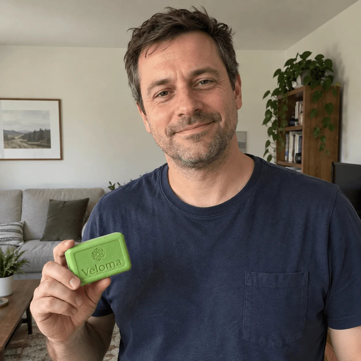 Man holding a bar of Veloma soap
